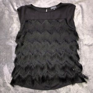 Black tassel/eyelash cap sleeve top size M